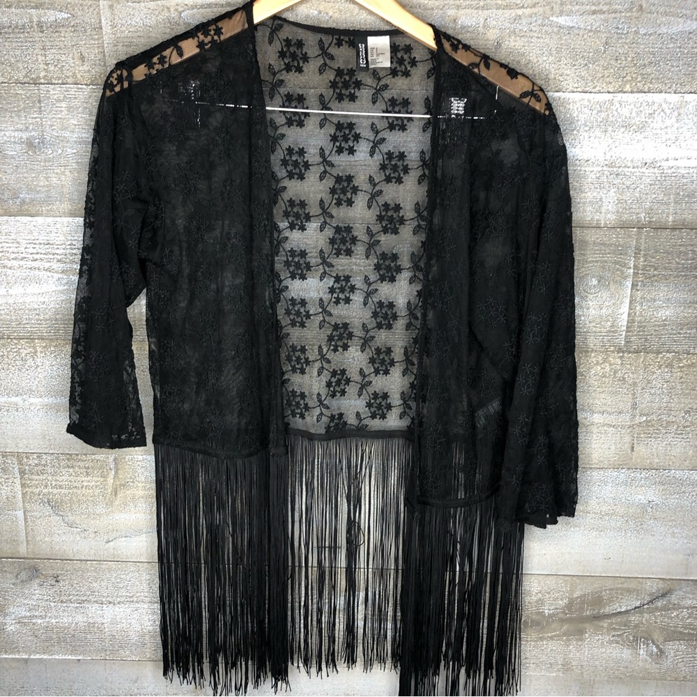 H&M black embroidered fringe poncho wrap